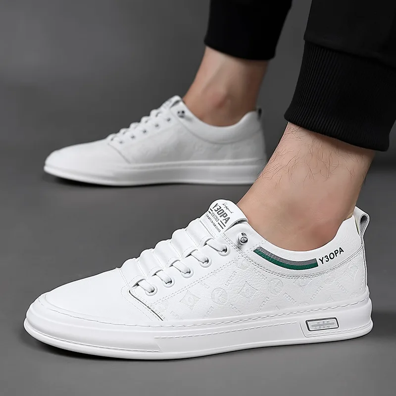 

New Men Genuine Leather Casual Shoes Spring Autumn Luxury Knurling White Flat Skate Shoes Young Man Cool Sneaker