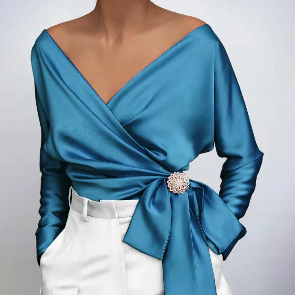 

VANOVICH 2022 Spring and Summer New Europe and America Style V-neck Solid Belt Top Fashion Poplin Single-piece Set Casual Shirts