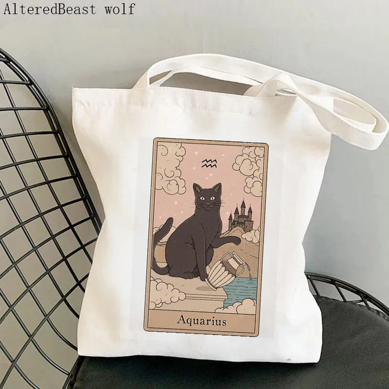 

Women Shopper bag witchy magic Aquarius Cat Tarot Card Bag Harajuku Shopping Canvas Shopper Bag girl handbag Shoulder Lady Bag