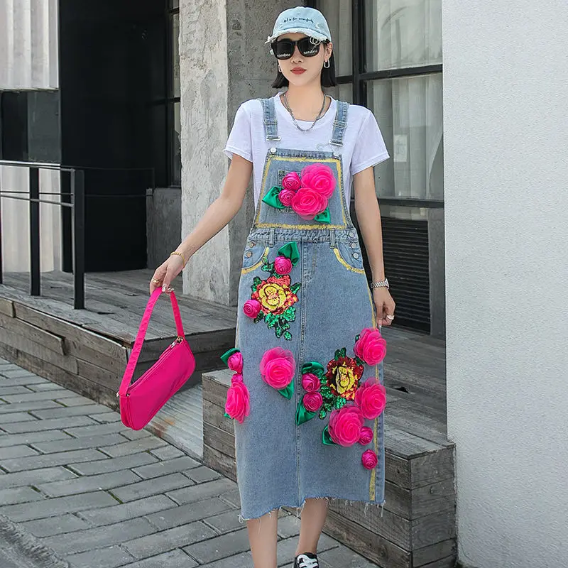

Tide Brand Personality Streetwear Women Denim Suspender Dress Sequins 3D Flower All-match Loose Strap Jean Dresses Casual
