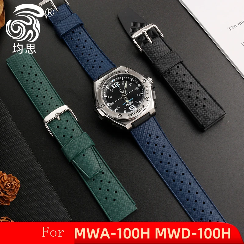

For Casio MWA-100H Modified Rubber Silicone Watch Strap 22x20mm MWA-100 Dark Heart of Steel Men's Sports Watch Band Black Green