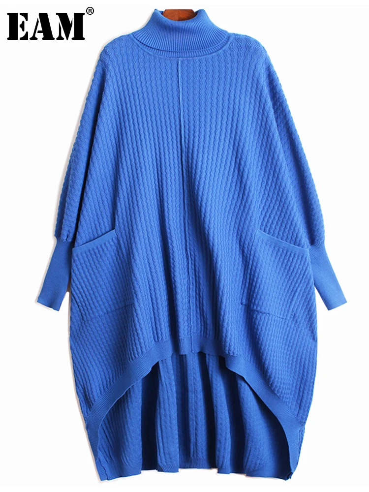 

[EAM] Women Blue Irregular Hem Big Size Long Dress New Turtleneck Long Sleeve Loose Fit Fashion Tide Spring Autumn 2023 1DH2864