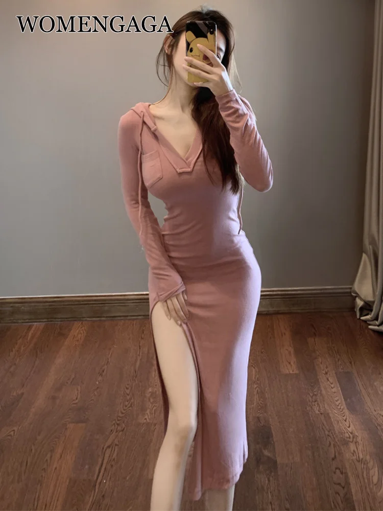 

Fairy Goddess Hooded Maxi Long Dress Elegant Korean Office Lady Slim Long Sleeve Pocket Dresses Robe Autumn Korean YN2K