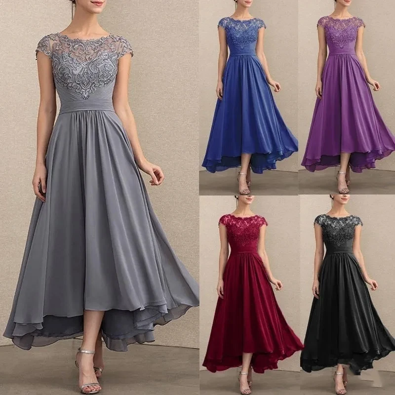 

Elegant Lace Long Bridesmaid Dresses For Women Blue Formal Swing Evening Dress Lady Short Sleeves Black Gray Brithday Party Gown