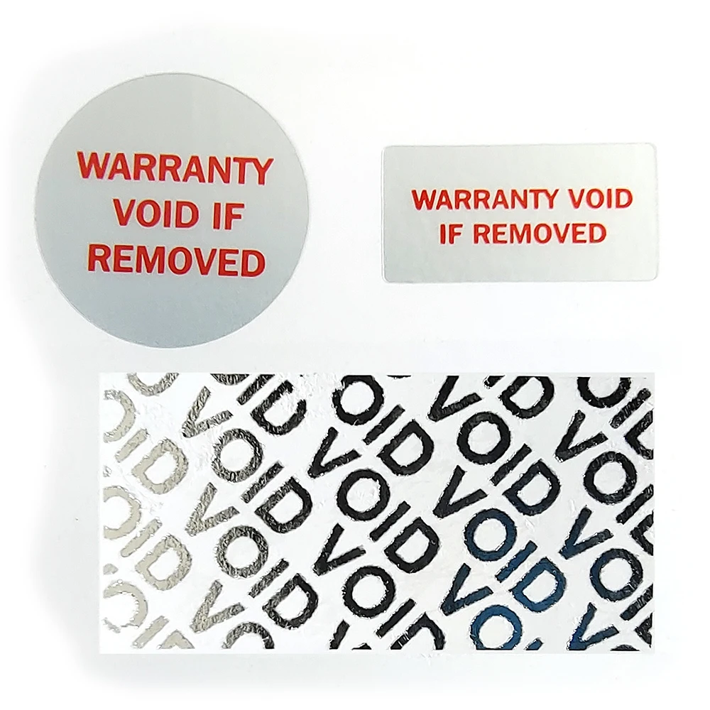 

WARRANTY VOID IF REMOVED Security Seal Tamper Evident Removal Proof Products Safety Sticker Red Printing On Silver Vinyl V11