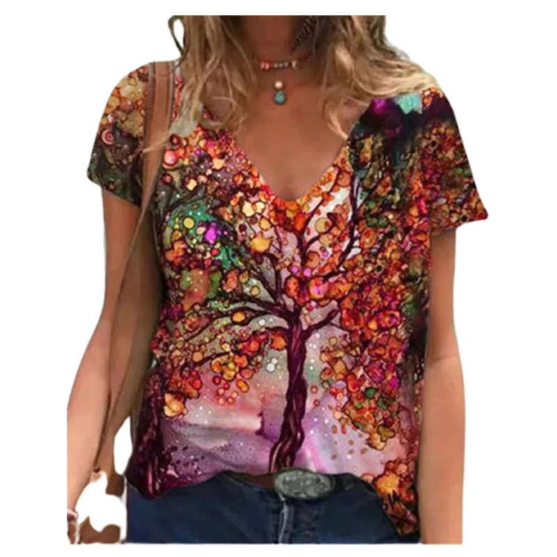 

2022 Summer Women's Loose Tree Print T-shirts Casual Short Sleeve V-Neck Plus Size 5XL Female Clothes