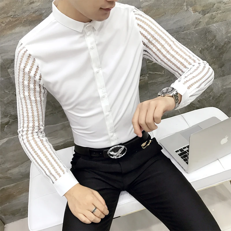 

Men Dress Shirts Long Sleeve 2020 Hollow Lace Patchwork Sleeve Shirt Men Casual Slim Fit Night Club Tuxedo