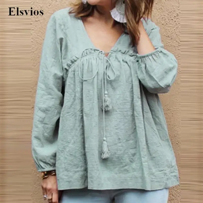 

Fashion Solid V Neck Tie-up Tassel Blouse Women Harajuku Loose Cotton Linen Shirt Pullover Vintage Casual Long Sleeve Tops Blusa