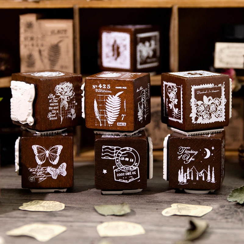

1 Pc Rose and Camellia Series Three-Sided Dice Wooden Stamp Vintage Plant Butterfly Handbook Stamp Creative DIY Decor Stationery