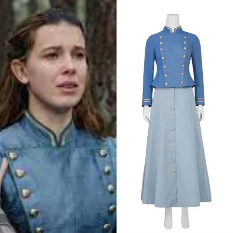 

Enola Holmes Cosplay Costume Blue Double Breasted Victorian Women Vintage Long Sleeve Military Jacket Skirt Outfit