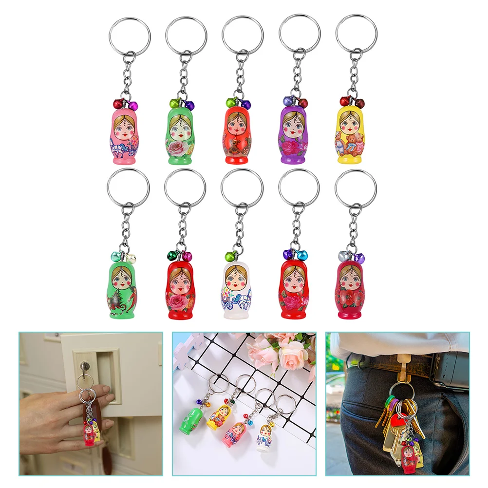 

10 Pcs Handbag Wood Russian Key Chains Pendant Nesting Dolls Kids Mini Toys Decorations Keyrings Wooden Matryoshka Child
