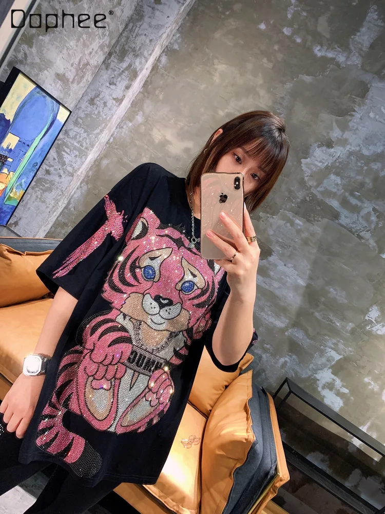 Summer Fashion Brand T-shirt Heavy Embroidery Hot Drilling Contrast Color Tiger Cartoon Black Tee Top Women Loose Couple Tshirt