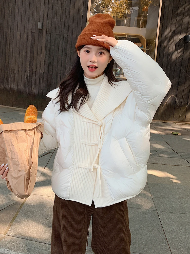 Корейская модная вязаная лоскутная куртка-пуховик с большими лацканами женская