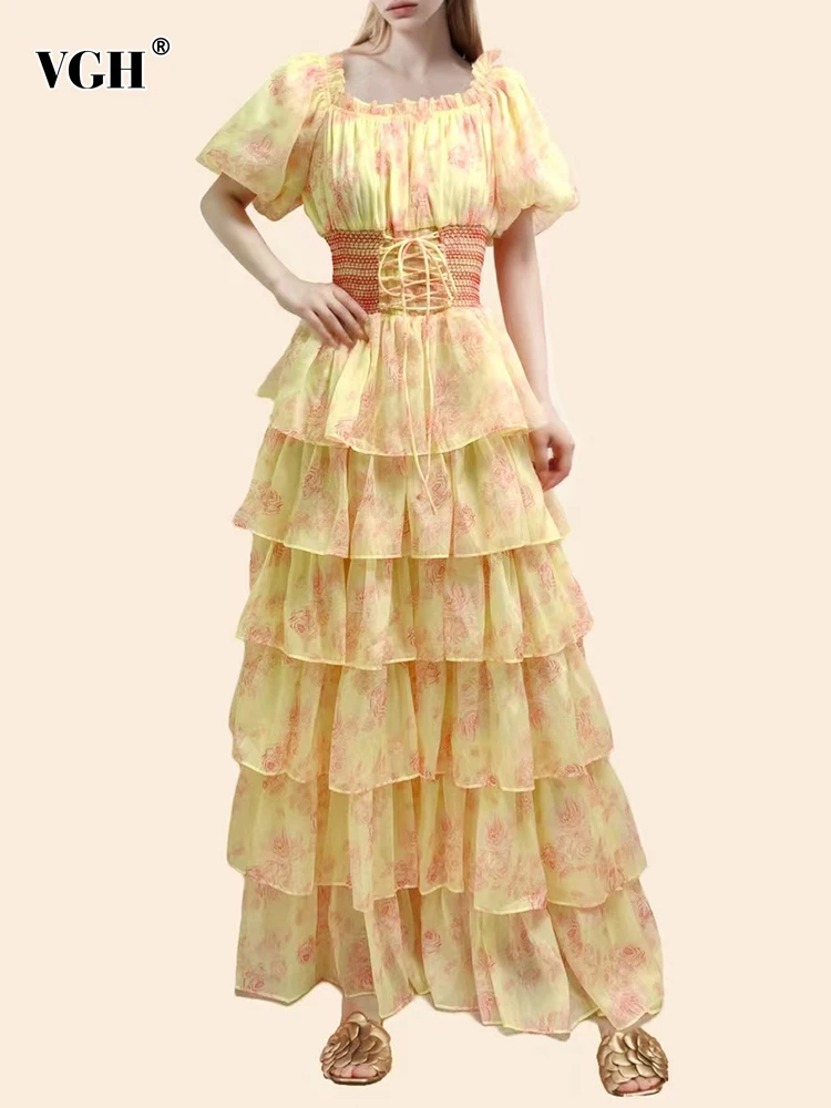 

VGH Casual Tierred Printting Dresses For Women Square Collar Puff Sleeve Gathered Waist Patchwork Bandage Elegant Dress Female