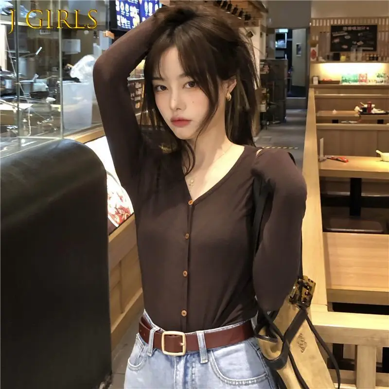 

Long Sleeve T-shirts Women S-3XL V-neck Tops Spring Slim Femme Leisure All-match Simple Basic Button Tees Colleges New Autumn