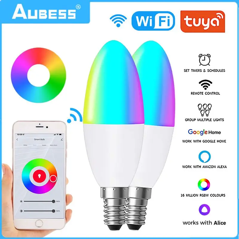 

Tuya WiFi E14 Smart Dimmable Bulb RGBCW 100-240V 5W LED Magic Light Bulbs Smart Life App Control Support Alexa Google Home Alice