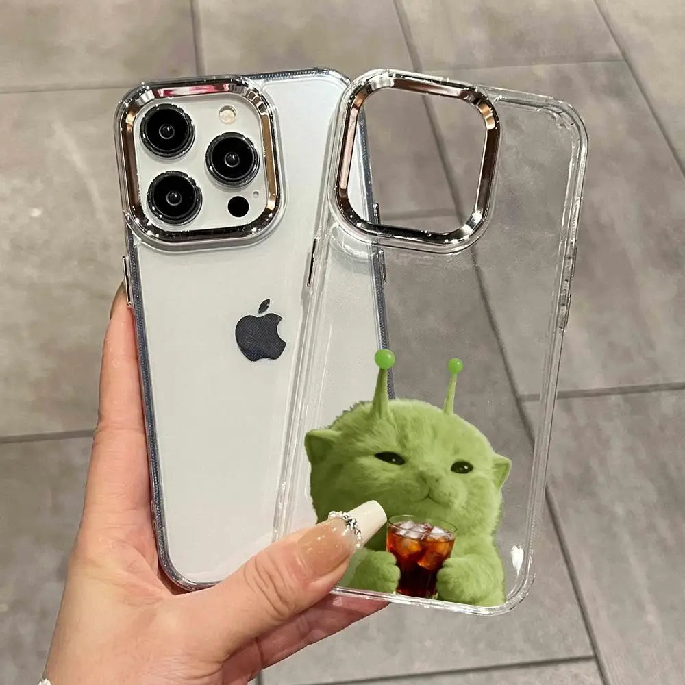 Фото Противоударный прозрачный чехол Alien Cat Green Cat для iPhone 17 Air 16 15 14 Plus 13 12 11 Pro Max 16e №1