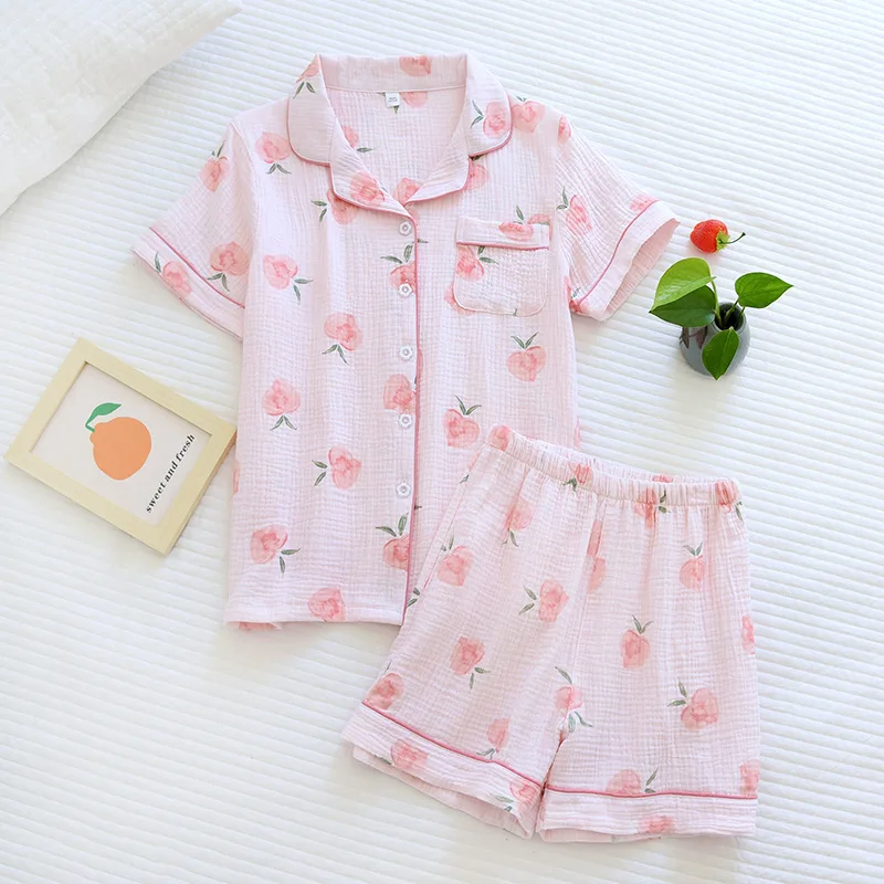 Sweet Summer Crepe Cotton Pajama Set For Women Sleepwear Soft Pyjamas Short Sleeve Homewear Nightwear For Ladies
