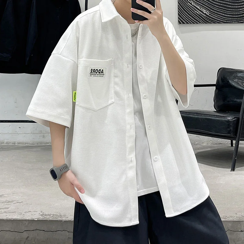 

Hybskr Men Summer Label Waffle Shirts Letter Graphic y2k Streetwear Casual Male Tshirt New Short Sleeve Cardigan Shirt Plus 5XL