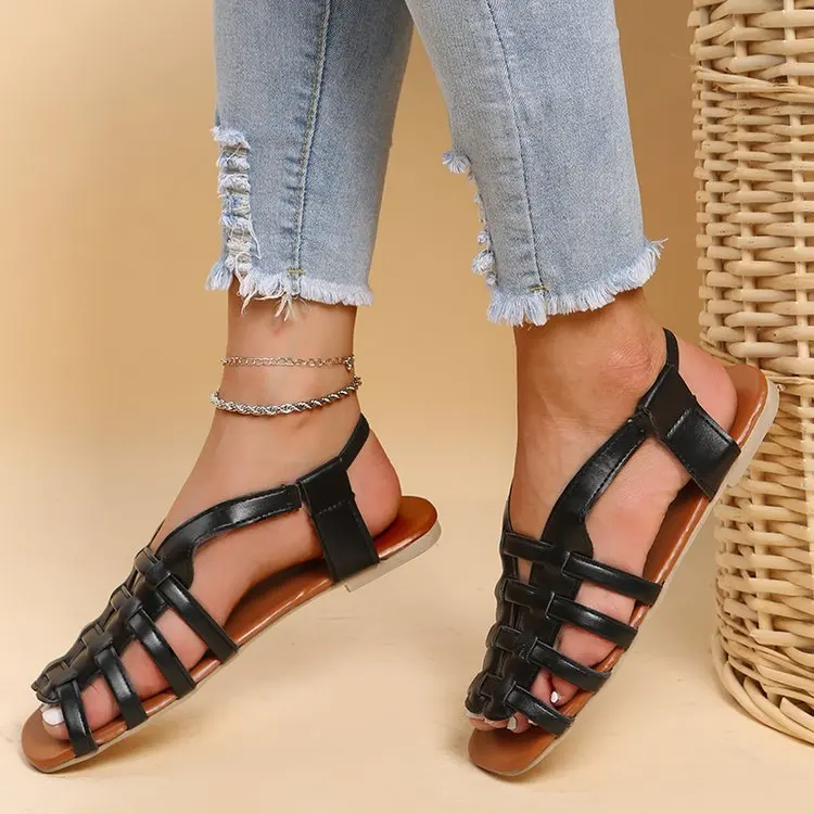 

Flat Sandals Summer Outdoor Fashion Leather Flat Shoes Round Toe Elegent Slipper Adjustable Buckle Strap Casual Sandalias Mujer