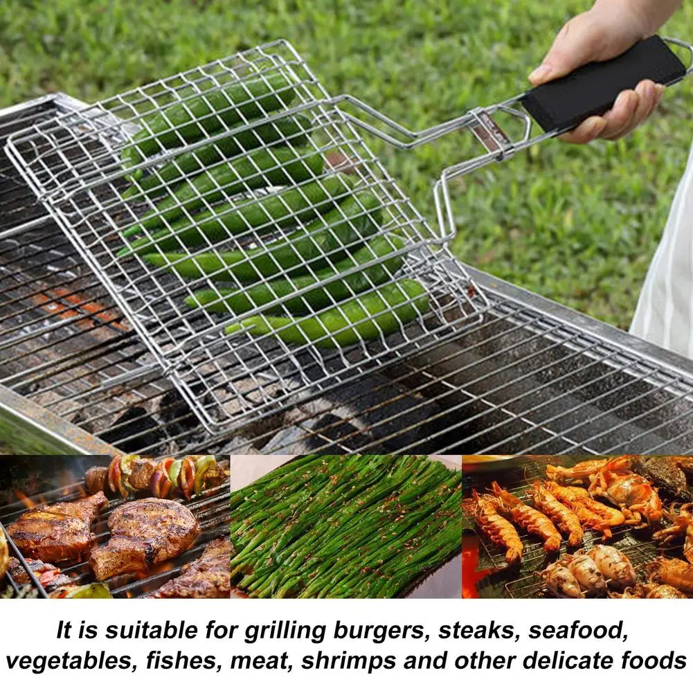 

430 Grade Stainless Steel BBQ Grilling Basket Basket Grill Mesh BBQ Net Wooden Handle Meat Fish Clip Holder Baking Clip Net