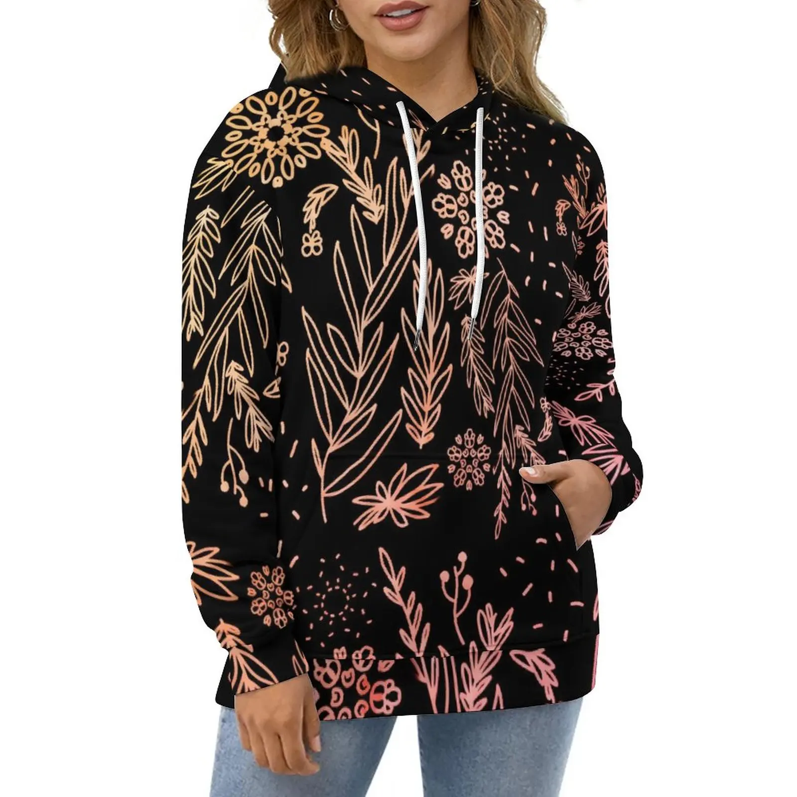 

Повседневные толстовки с изображением золотых роз, Красивый пуловер с изображением милых цветов, Женская толстовка с капюшоном и длинным рукавом, свободные толстовки большого размера на заказ