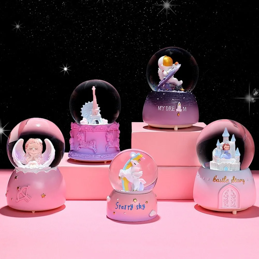 

Girl Heart Cartoon Crystal Ball Music Box Ornament Princess Music Box Snow Astronaut Birthday Gift Sailor Moon Carousel