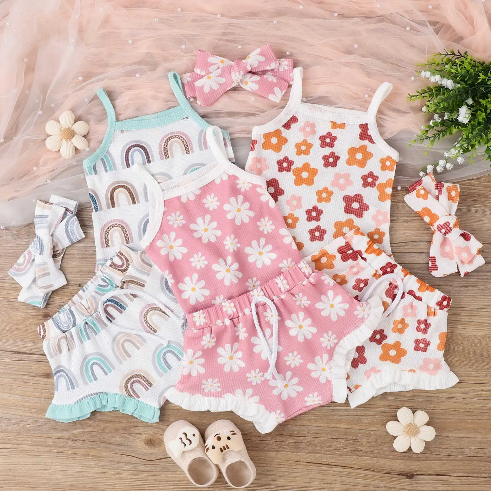 Newborn Baby Girls Summer Clothes Sets Lovely Sleeveles Rainbow Flower Strap + Lace Shorts + Headband 3Pcs Toddler Outfits 0-18M