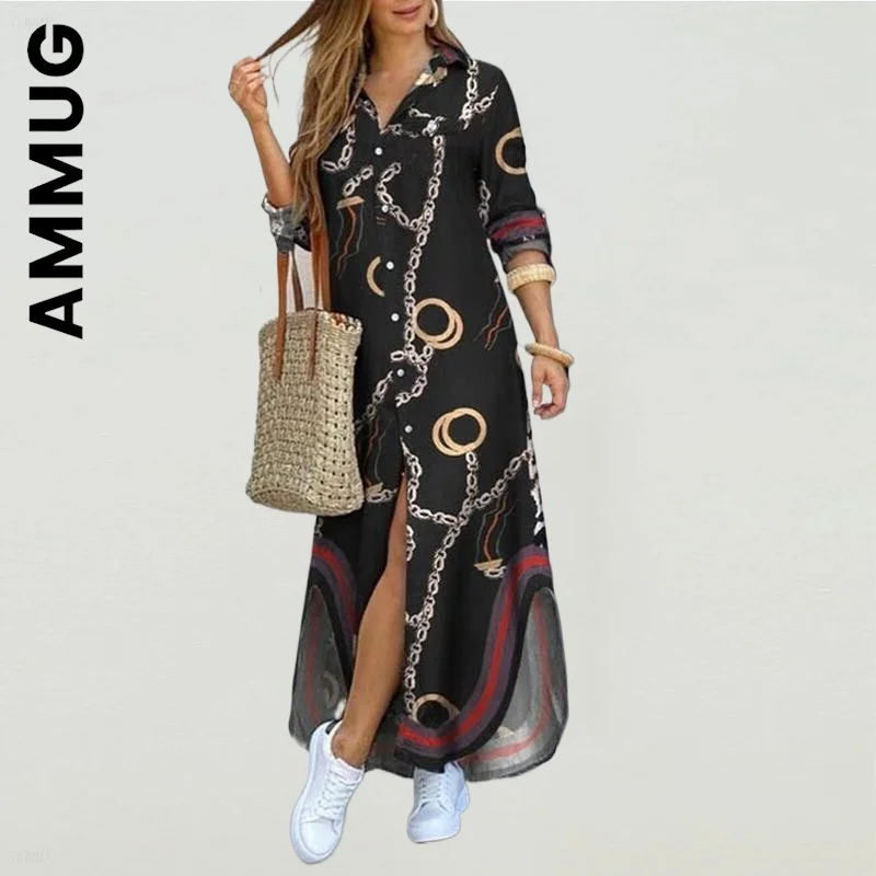 

Женское платье-рубашка с длинным рукавом и принтом