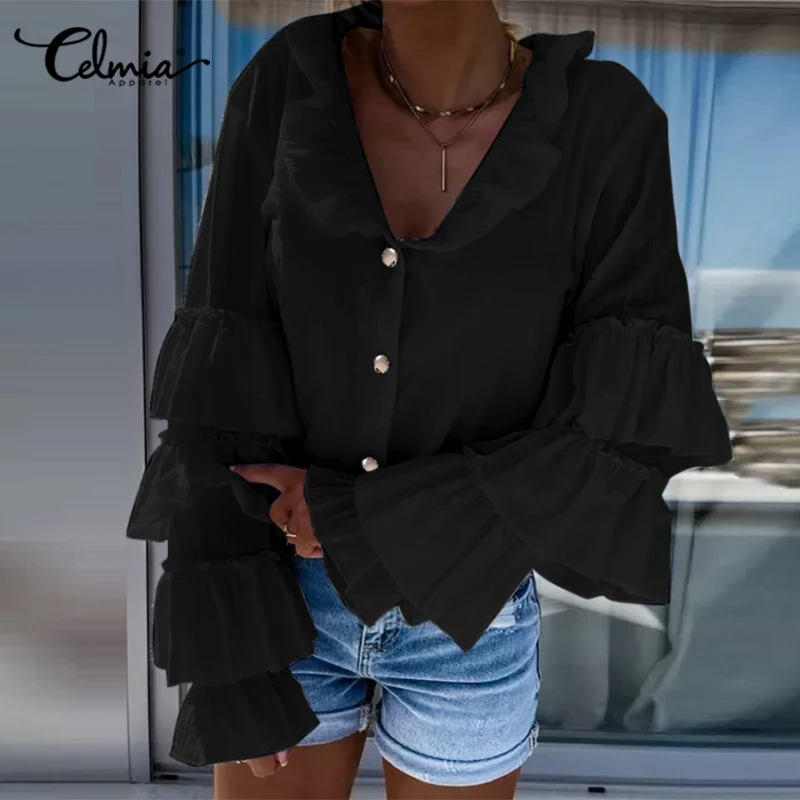 

2022 летние модные блузки Celmia с расклешенными рукавами, женские блузки с оборками и V-образным вырезом на пуговицах, разноцветные Многослойны...