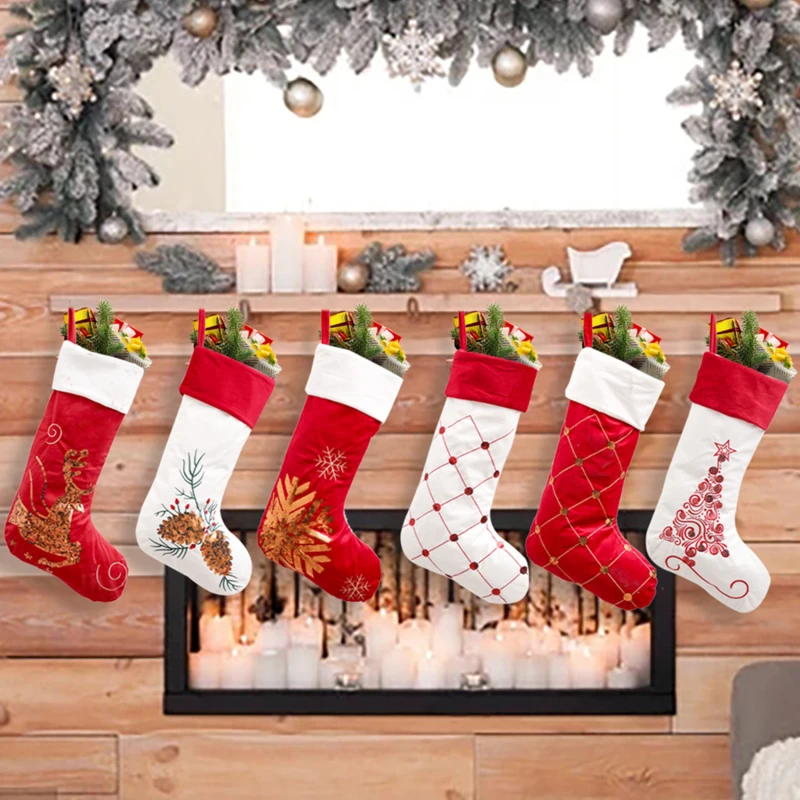 

2022 Happy New Year Red Christmas Stocking Checkered Gold Sequin Xmas Gift Bags Ornaments Socks Christmas Decorations for Home