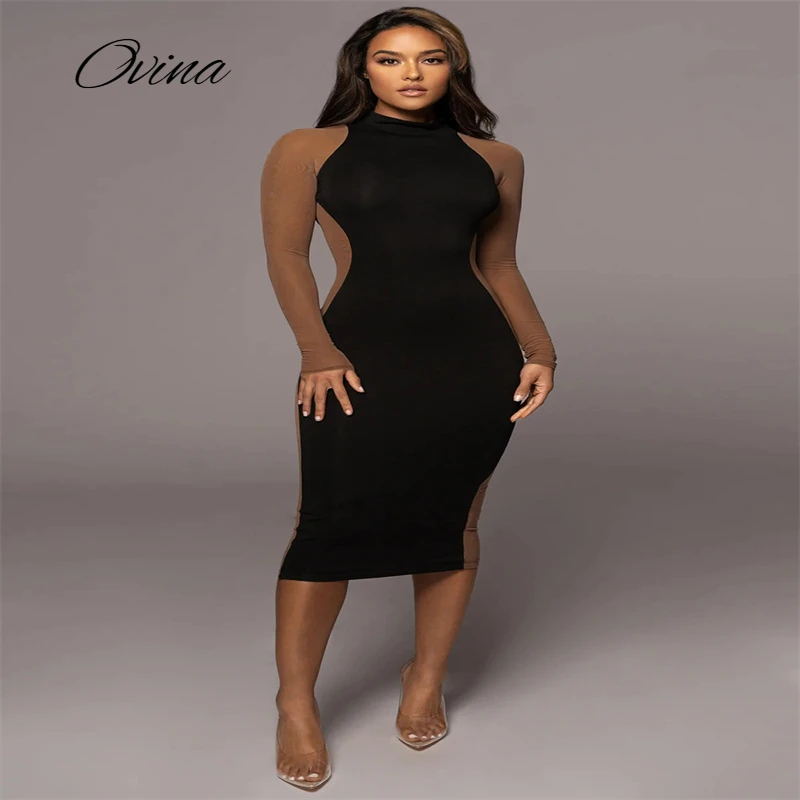 

Women's Medium Length Dress High End Elegant Long Sleeve Sexy Mesh Splicing Black Bandage Tight Chic Cocktail Party Dress
