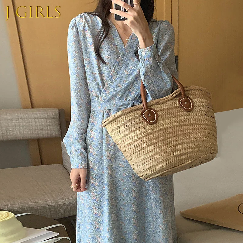 

J GIRLS Elegant Cross V Neck Dress Korean Chic Floral Print Dresses Spring Casual Puff Sleeve Slim Waist Tie Fashion Clothing