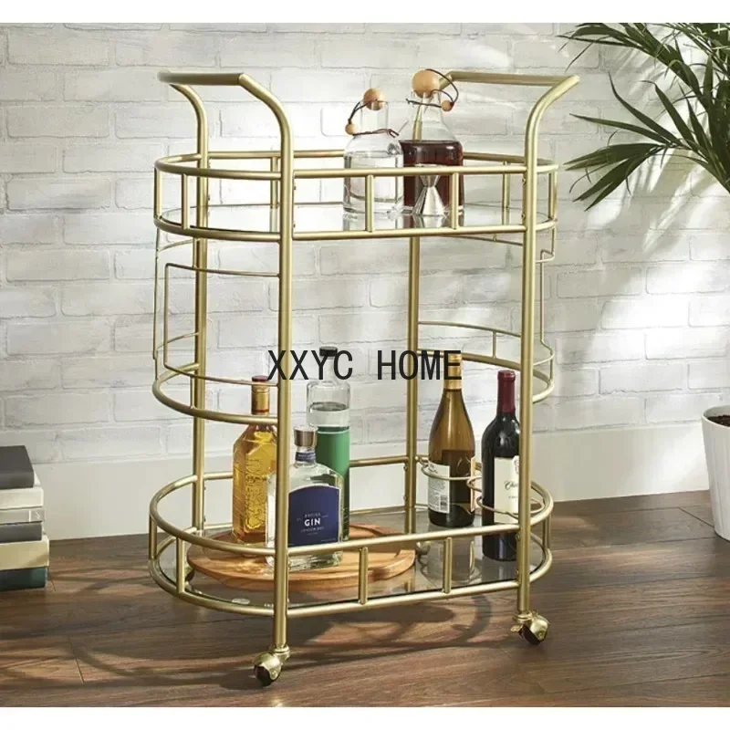 Барная тележка с матовой золотой металлической отделкой 2-х ярусная на колесиках