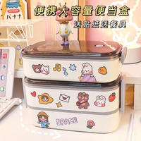 cute double layer lunch box office workers can microwave heating student lunch box packed lunch plastic lunch box
