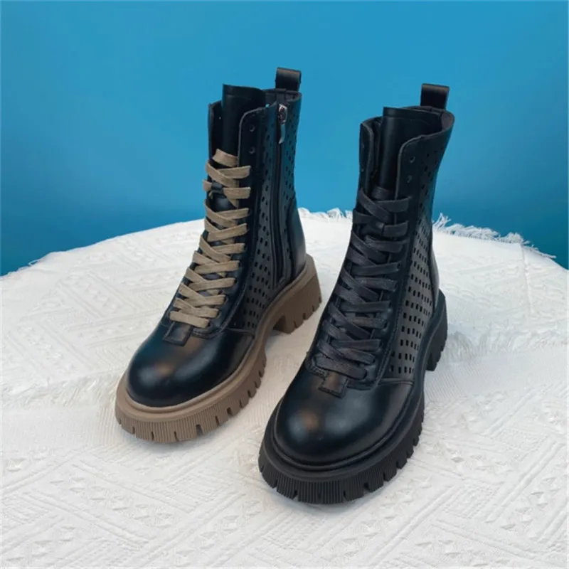 

Ботинки мартинсы женские на платформе и каблуке, кожаные дышащие ботильоны, сетчатая обувь, на лето