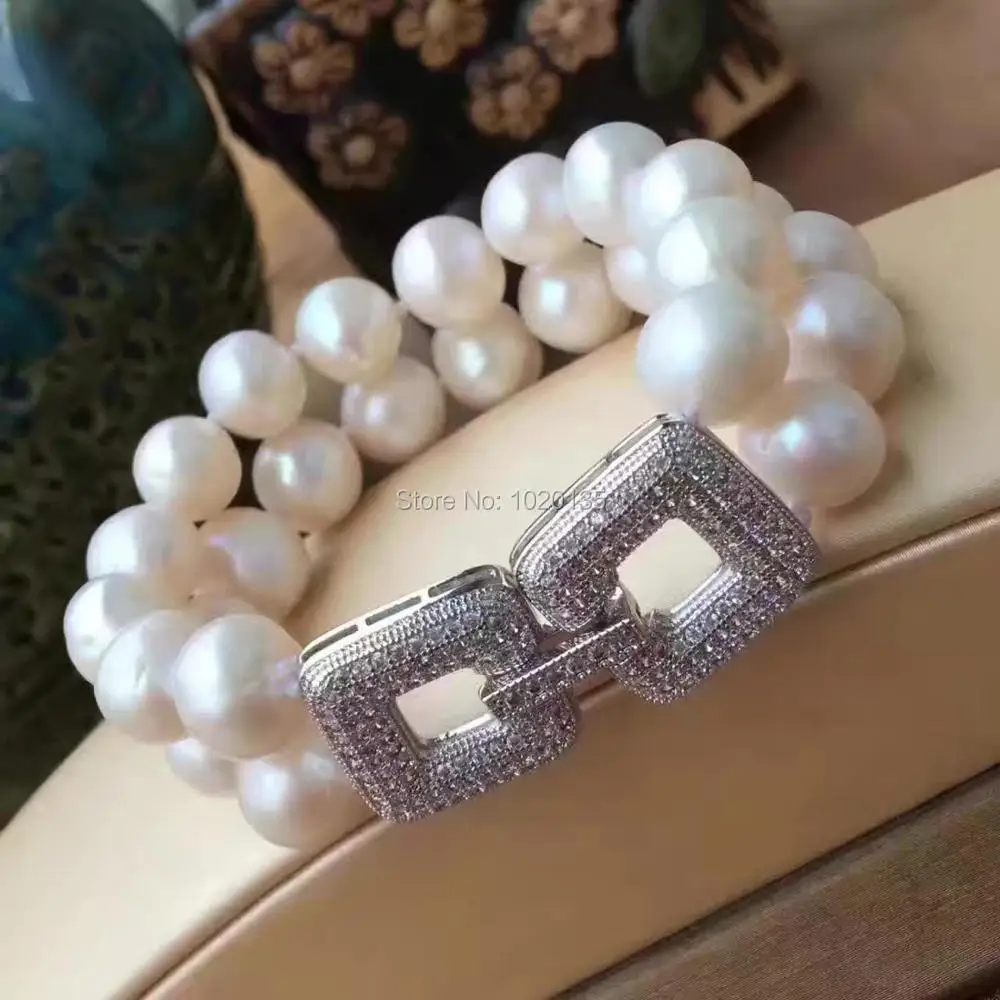 

2rows white freshwater pearl near round 8-10mm necklace bracelet 19+8inch zircon square clasp