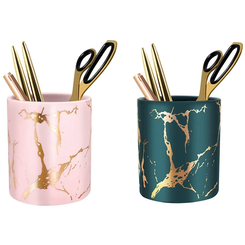 

2Pcs Pen Holder, Stand For Desk Marble Pattern Pencil Cup Durable Ceramic Desk Organizer - Gold Green & Gold-Pink