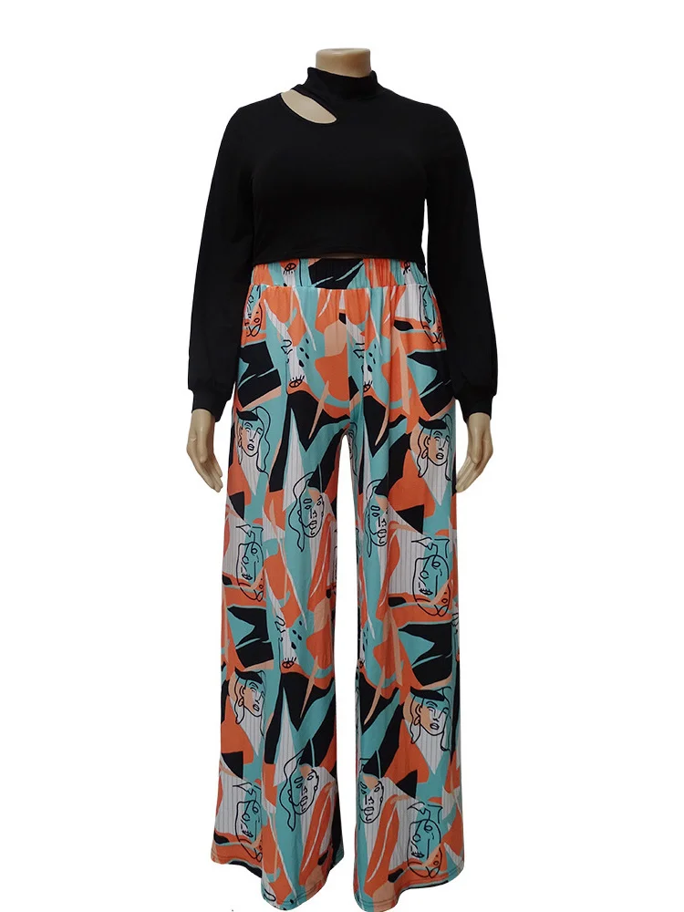 Plus Size 2 Piece Outfits Women Crop Top Pants Sets Printed Wide Leg Matching Casual New Tracksuit Who 3xl 4xl 5xl 6xl