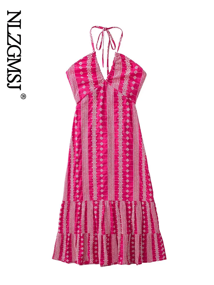 

Платье женское миди с цветочным принтом, оборками и открытой спиной