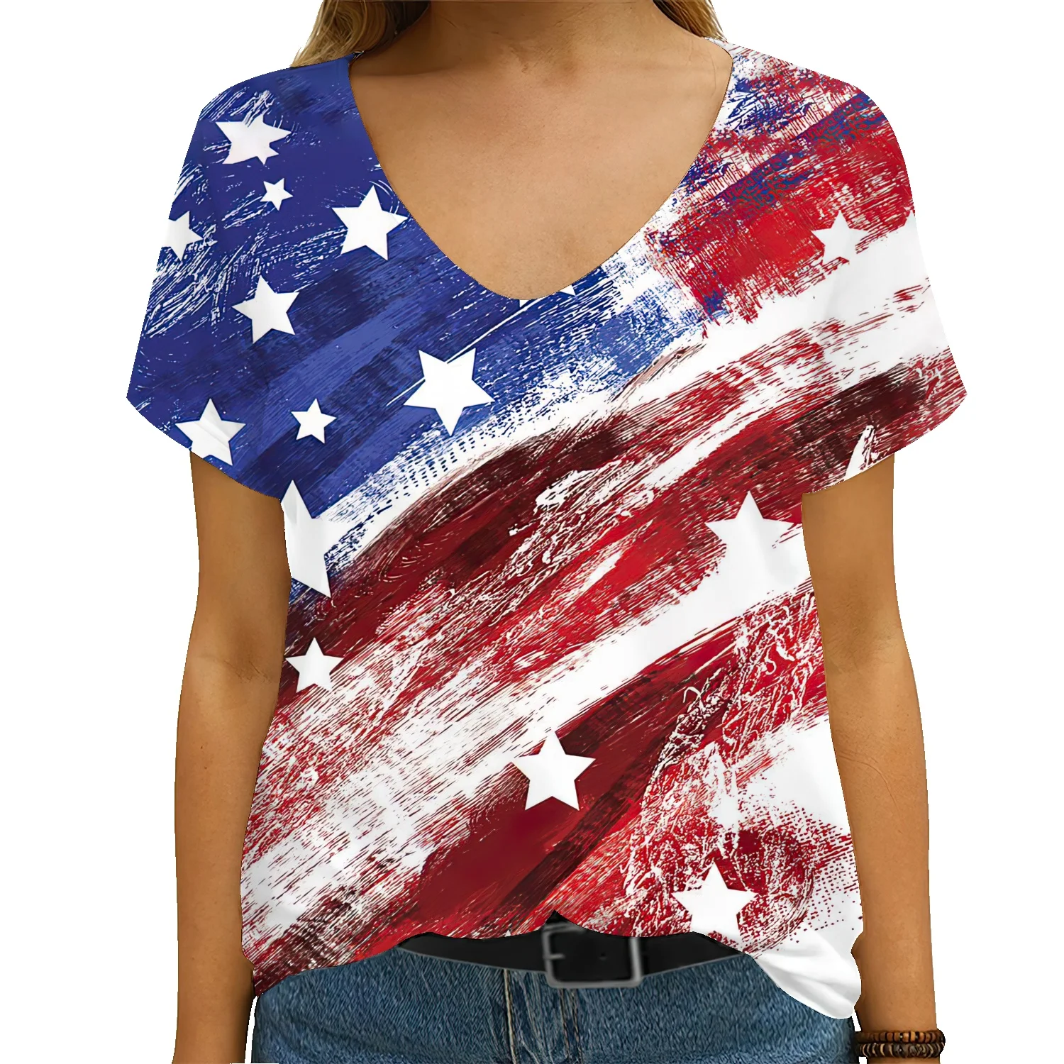 

Flag Classic Painting Print T-Shirt Women's Harajuku T-Shirt Short Sleeve V-Neck T-Shirt Women's Casual Loose T-Shirt Top