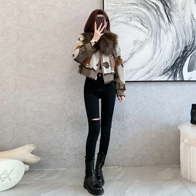 Fur coat women's short 2022 new winter warm wide edition color matching small rabbit fur Jacket