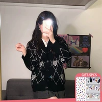 autumn winter korean fashion sweater v neck plaid love embroidery knittd cardigans womens loose sweaters cardigans woman
