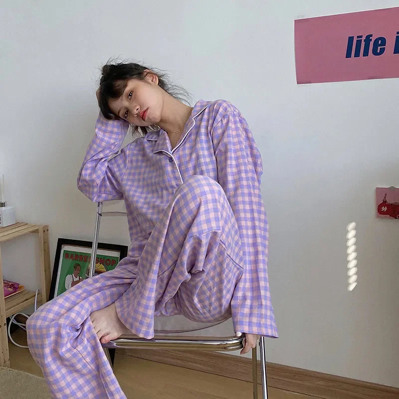 

Purple Grid Girls Pajamas Set Cute Winter Long Sleeve Leisure Sleepwear For Women Loose Nightwear Homewear Suit