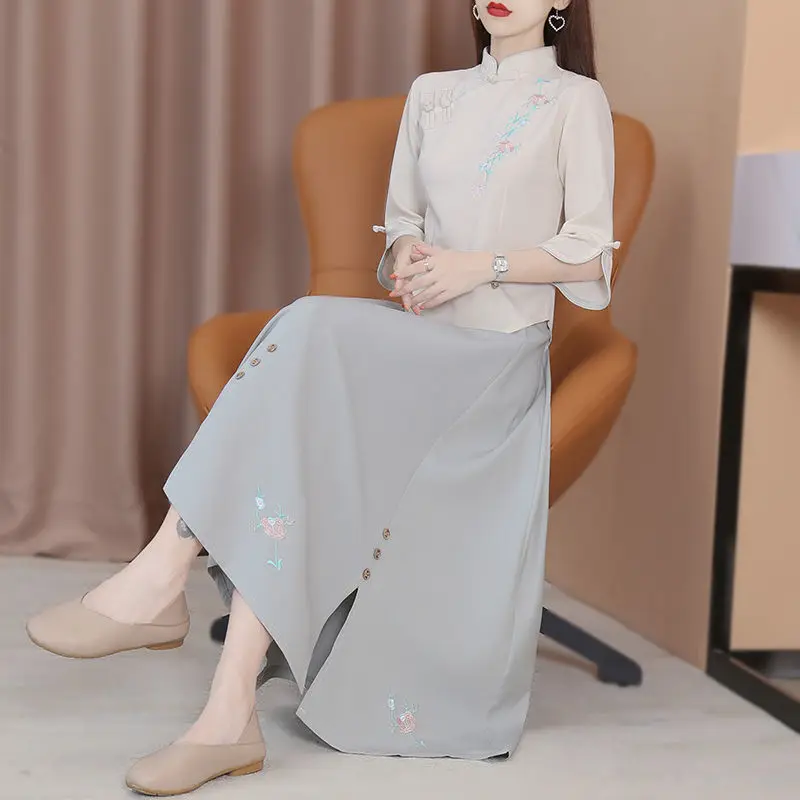 

2023 china retro style women's tang suit hanfu improved cheongsam national qipao cheongsam embroidery dress two pieces set g699