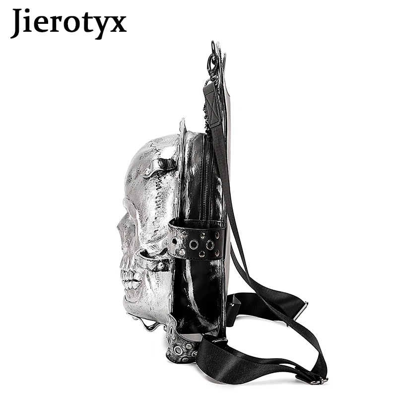 Фото Рюкзак JIEROTYX с 3D стерео черепом, рюкзак из ПУ кожи, водонепроницаемый силиконовый рюкзак с рельефным изображением головы призрака, дорожные сумки для женщин с пряжкой №4