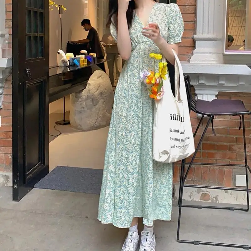 

Sweet Dress Women Summer Floral V-neck Elegant Mid-calf Draped Trendy Leisure Green Girls Comfort Vintage Loose Cottagecore