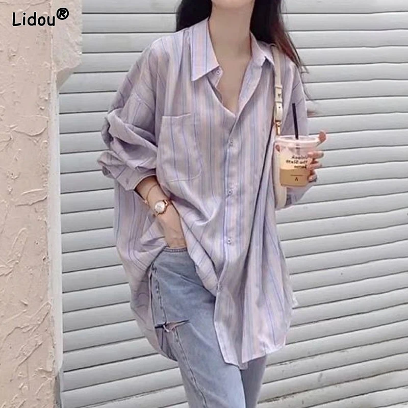 Women's Clothing Fashion Casual Loose Turn-down Collar Spring Summer Striped Long Sleeve Pockets Button Intellectual Blouses