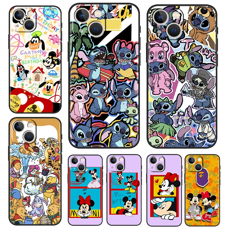 

Anime Disney Stitch Boy Black Phone Case For Apple iPhone 14 13 12 11 Pro Max 8 7 X XR XS Mini Silicone Soft Fundas Coque Cover