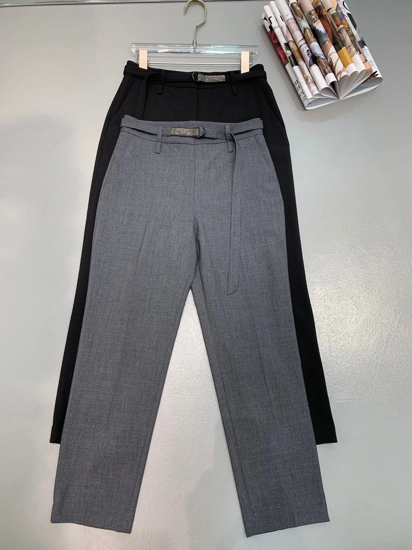 Women Beading Belt Suit Trousers Solid Color High Waist Casual 2023 Summer Female Thin Pants